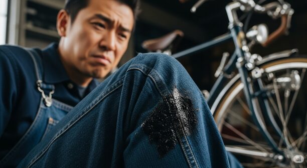 白いズボンの裾につく黒い汚れ
