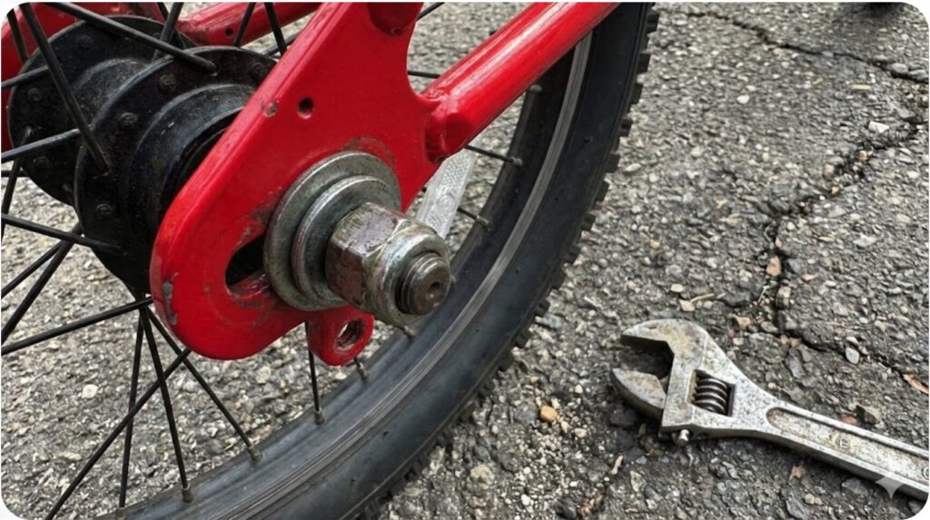 クロスバイク風の自転車の後輪ハブ周辺のクローズアップ。車輪の固定がクイックリリースではなく、左右からナットで締め付けられている様子。