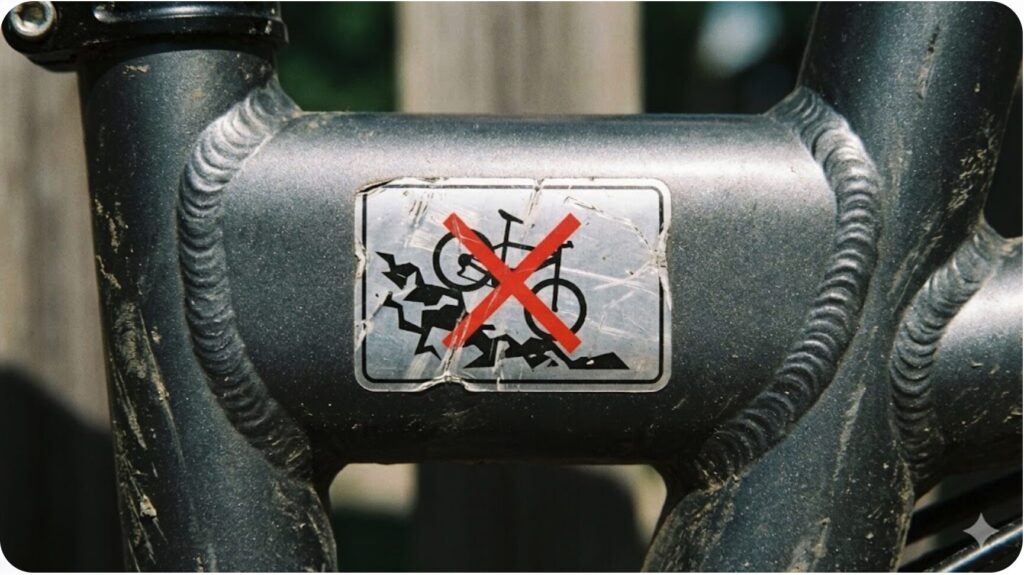 マウンテンバイク風の自転車のフレームに貼られた警告ステッカー。文字ではなく、悪路を走行する自転車に「×」印が付けられた図記号で、激しい走行を禁止している様子が示されている。