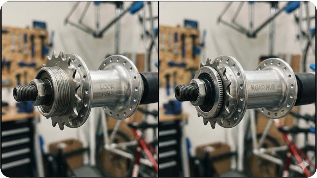 左はルック車によく見られるボスフリー式のスプロケット（最小ギア14T）、右は本格的なロードバイクに使われるカセット式のスプロケット（最小ギア11T）の比較写真。構造の違いが明確に分かる。