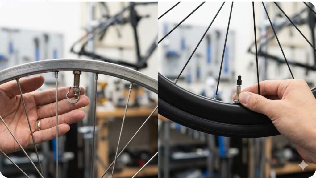 左は一般的なシティサイクルやルック車に多い英式バルブ、右はスポーツサイクルに標準採用される仏式バルブのクローズアップ比較写真。形状の違いが一目瞭然。