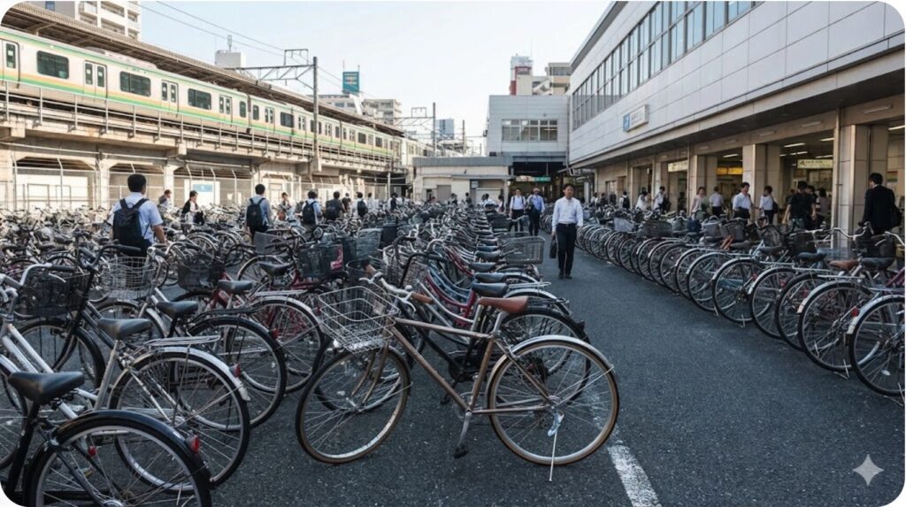 日本の駅前にある混雑した駐輪場の風景。スタンドやカゴが付いた実用的なルック車が、他のシティサイクルに混じって駐輪されている様子。日常の足としての利用シーン。