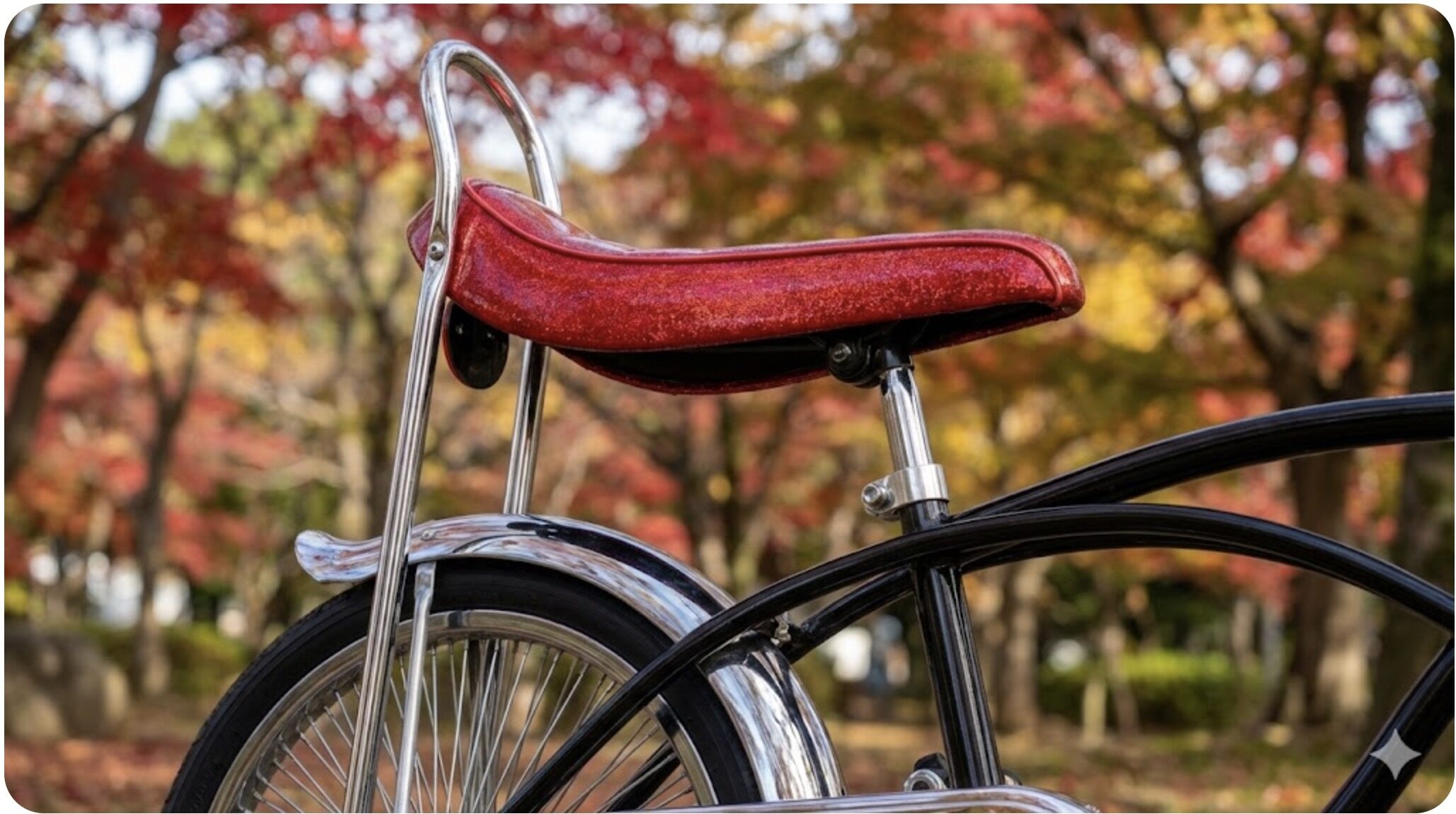 カスタム自転車に取り付けられた、赤いラメ入りのバナナシートと高くそびえ立つクロームメッキのシーシーバーの細部。