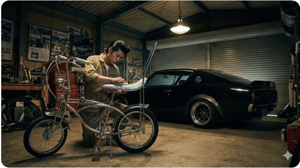 ガレージで自分のカスタム自転車を丁寧に磨く日本人の少年。日本のヤンキー文化とJDMカスタムスタイルの融合。