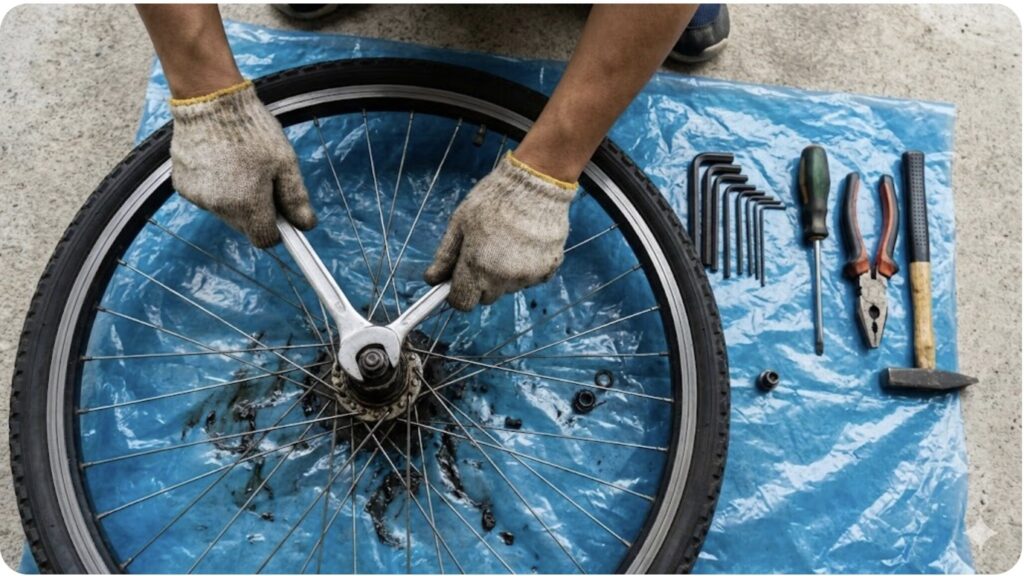 ブルーシートの上で工具を使い、自転車のパーツを慎重に組み付ける日本人の手元の様子。