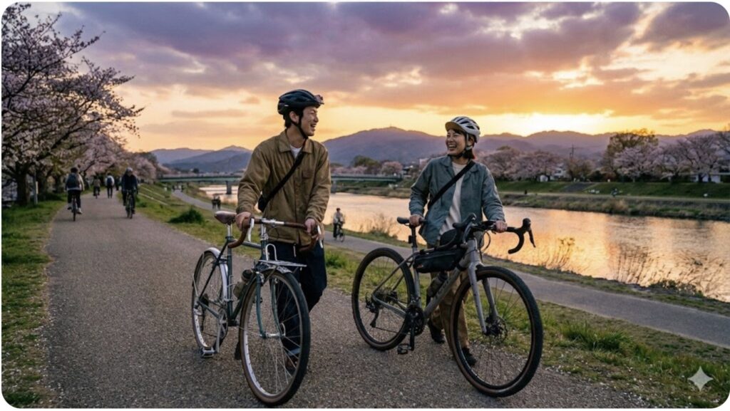 夕暮れ時の川沿いを、マナーを守って笑顔で歩くカスタム自転車好きの日本人グループ。
