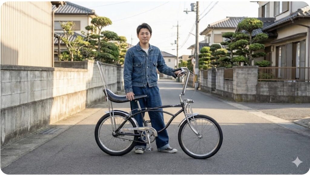 日本の住宅街に停められた、車高を極限まで下げたカスタム自転車（シャコタン自転車）とポーズをとる日本人男性。