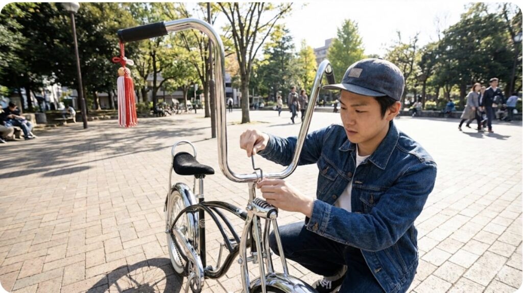 特徴的なカマキリハンドルの角度を微調整し、自分好みのスタイルに仕上げる日本人の若者。